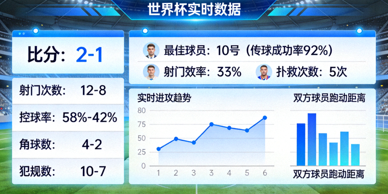世界杯实时数据仪表盘界面 - 显示比赛实时统计信息